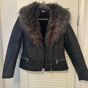 Love Token Black Leather Jacket with Faux Fur Collar